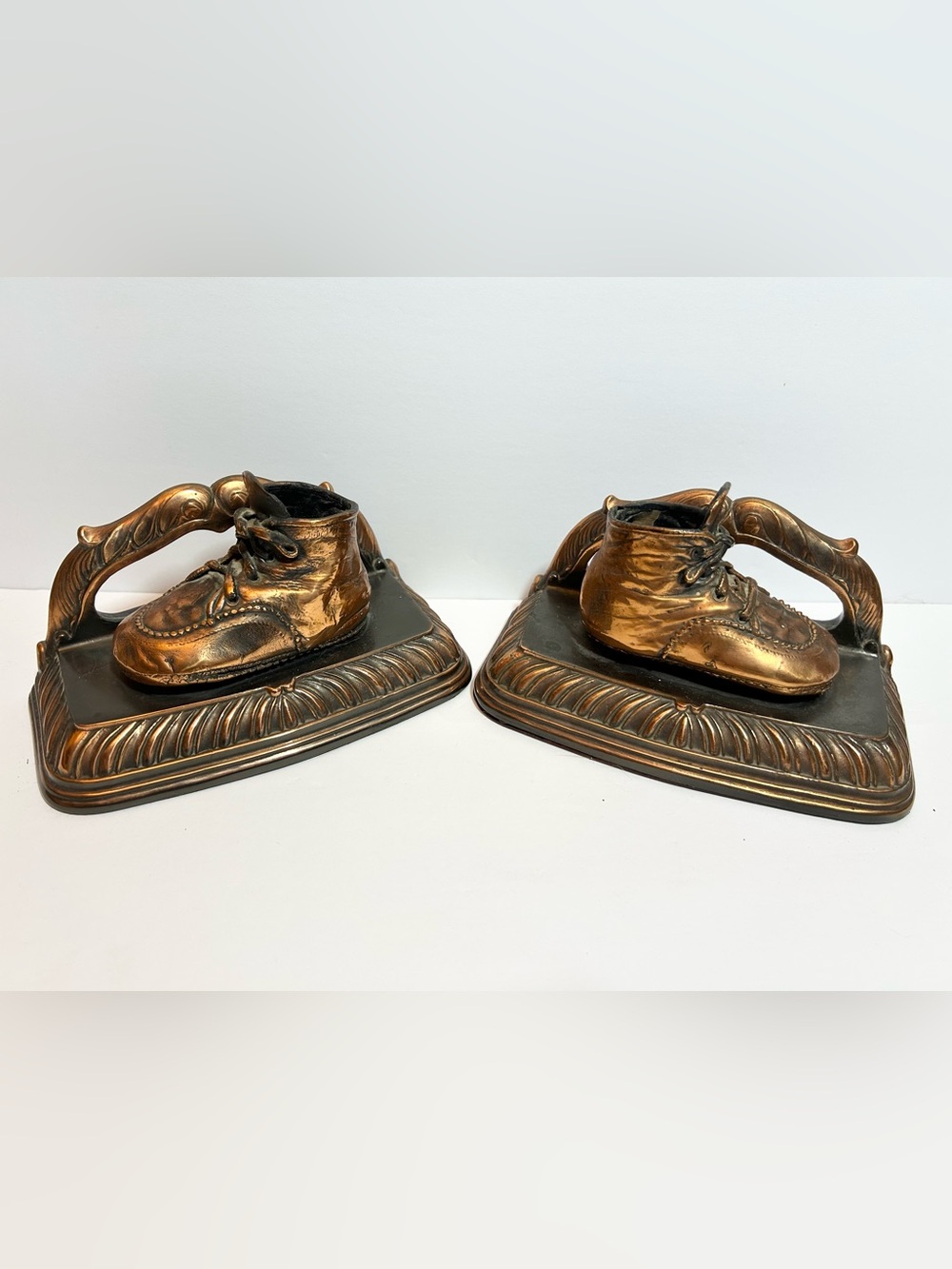 Vintage Bronzed Baby Shoe Bookends Metal Bases Set of 2